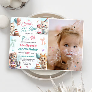 Kitten Cat Let's Pawty 1st Birthday Party Photo Invitation