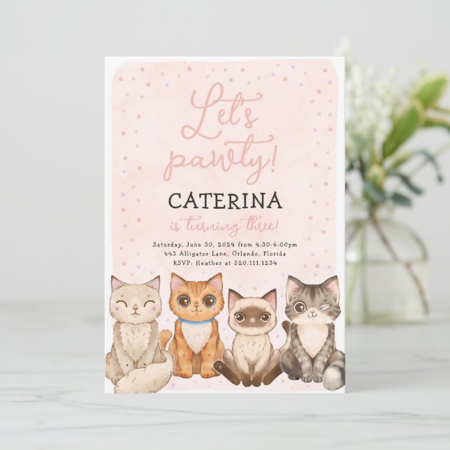 Kitten Cat Let's Pawty Birthday Invitation (Standing Front)