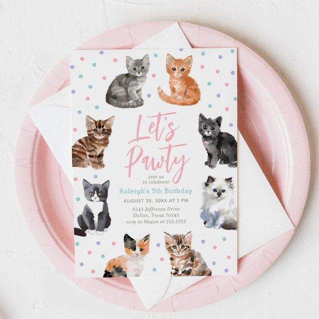 Kitten Cat Let's Pawty Birthday Invitation (Creator Uploaded)