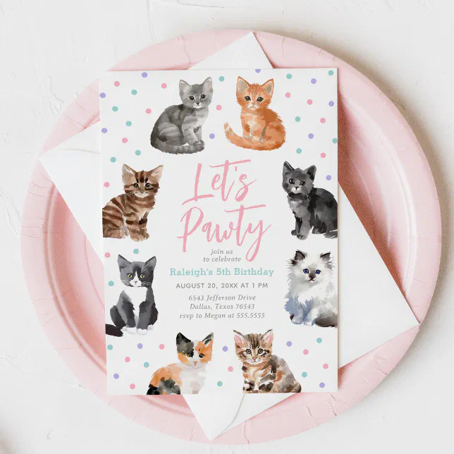 Kitten Cat Let's Pawty Birthday Invitation | Zazzle