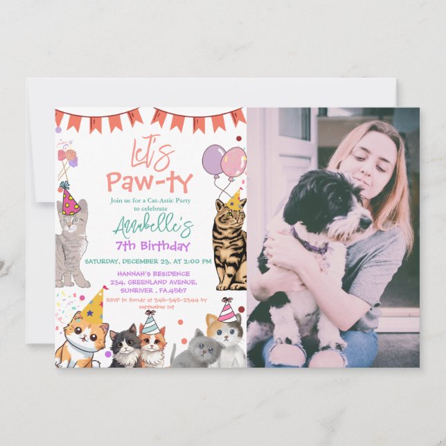Kitten Cat Let's Pawty Birthday  Invitation (Front)