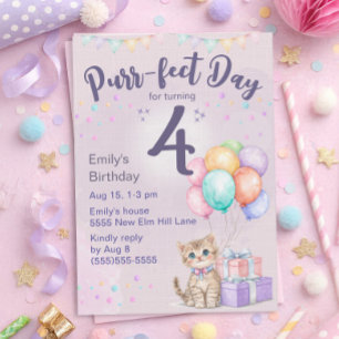 Kitten Cat Pastel Little Girl's 4th Birthday Invitation