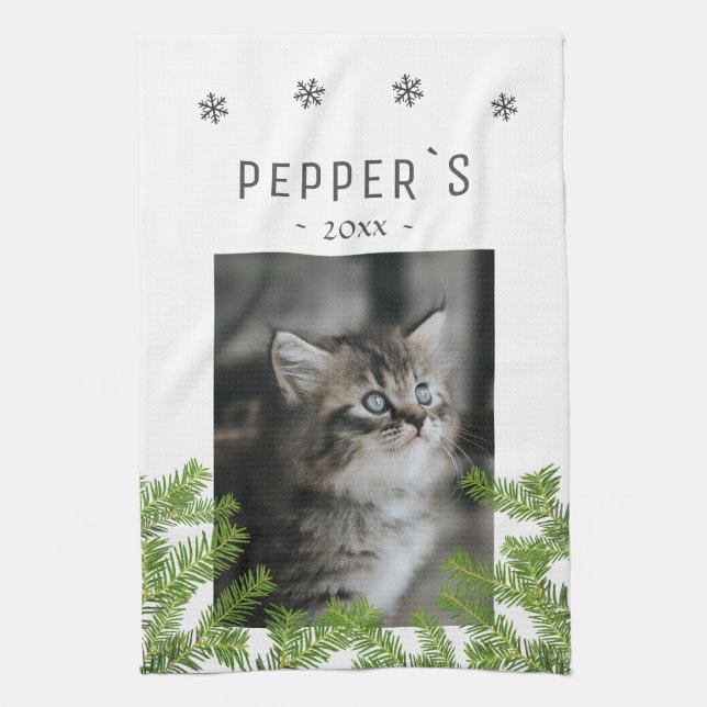 Kitten Cat Photo Pine Snowflake Keepsake Kitchen Towel (Vertical)