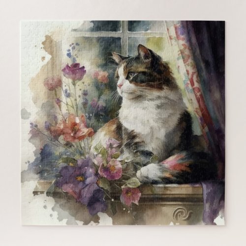 Kitten Cat Purple Flowers Window Sunlight  Jigsaw Puzzle