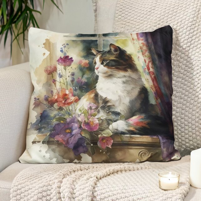 Kitten Cat Purple Flowers Window Sunlight  Throw Pillow (Pillow with the watercolor painting of a cat sitting in the sunshine)