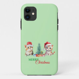 Kitten Cat Santa Red Green Merry Christmas Party iPhone 11 Case