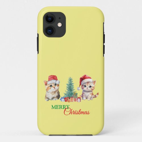 Kitten Cat Santa Red Green Merry Christmas Party  iPhone 11 Case