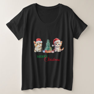 Kitten Cat Santa Red Green Merry Christmas Party  Plus Size T-Shirt