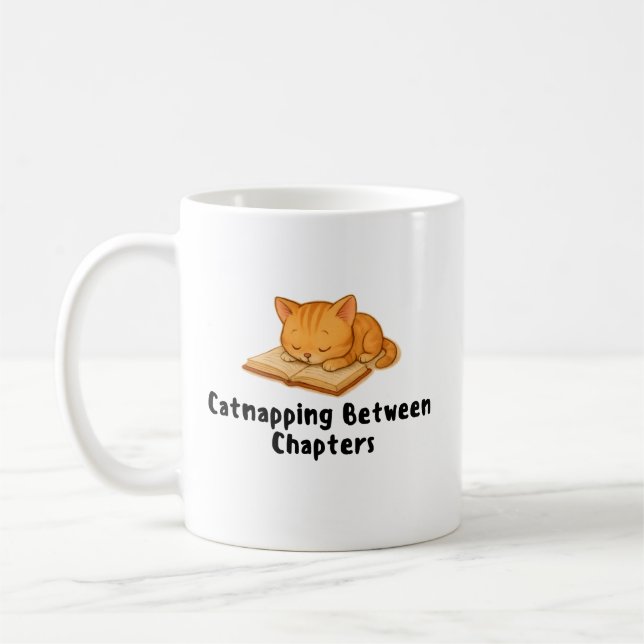Kitten Catnapping Between Chapters, Cat Lover  Coffee Mug (Left)