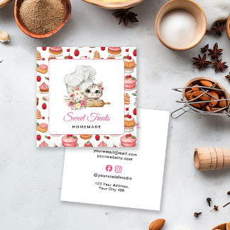 Kitten Chef Bakery Pink Square Business Card