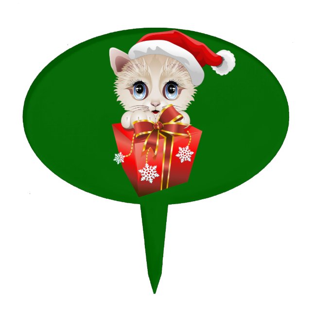 Kitten Christmas Santa with Gift Cake Topper (Front)