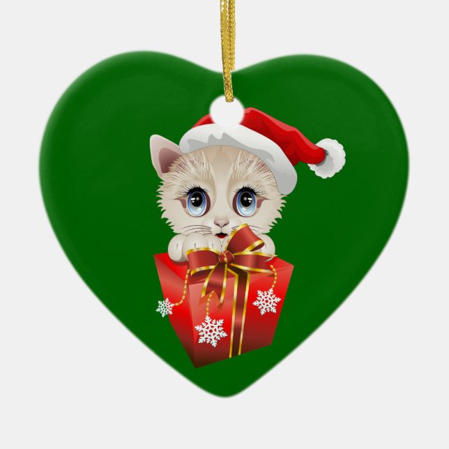 Kitten Christmas Santa with Gift Ceramic Ornament (Front)