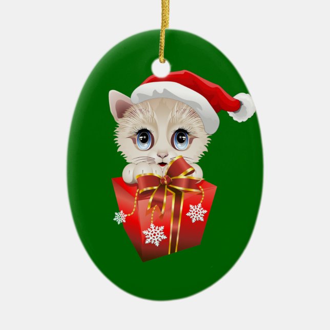 Kitten Christmas Santa with Gift Ceramic Ornament (Front)