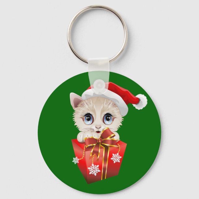 Kitten Christmas Santa with Gift Keychain (Front)