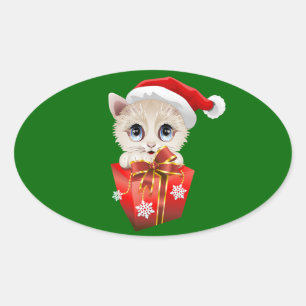 Kitten Christmas Santa with Gift Oval Sticker