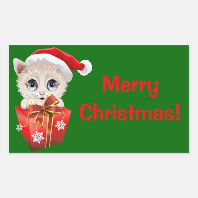Kitten Christmas Santa with Gift Rectangular Sticker (Front)