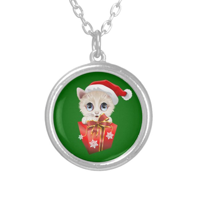 Kitten Christmas Santa with Gift Silver Plated Necklace (Front)