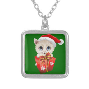Kitten Christmas Santa with Gift Silver Plated Necklace