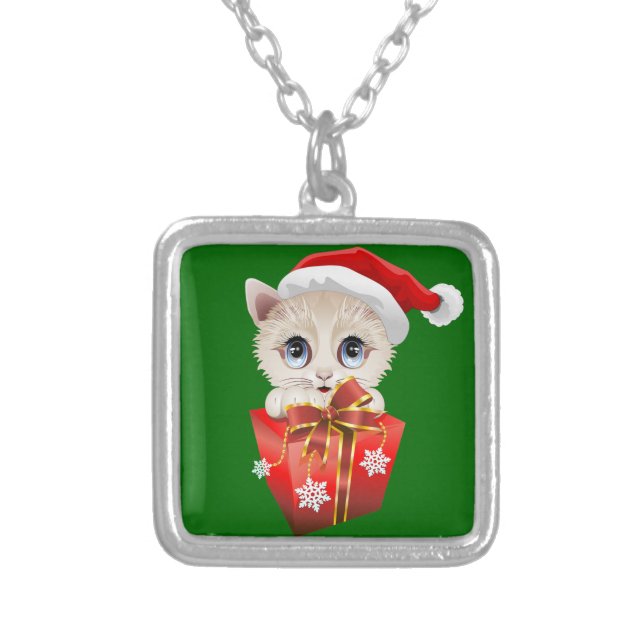 Kitten Christmas Santa with Gift Silver Plated Necklace (Front)