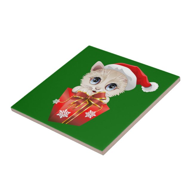 Kitten Christmas Santa with Gift Tile (Side)