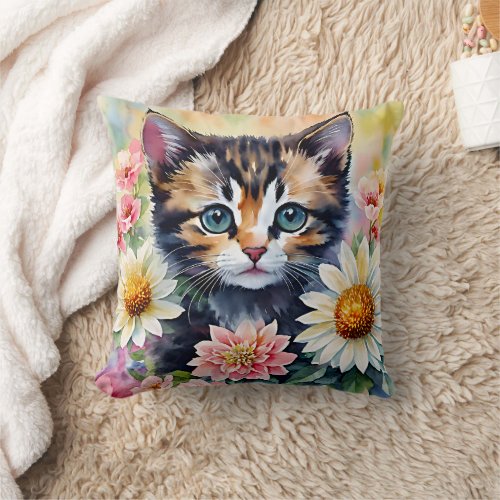 Kitten Daisies Watercolor Floral Art Throw Pillow