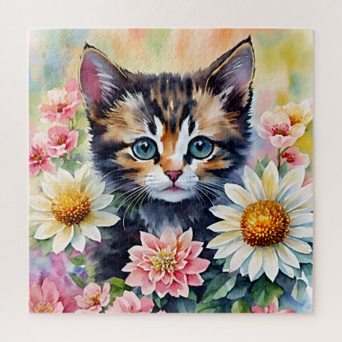 Kitten Daisy Flowers Watercolor Art Jigsaw Puzzle
