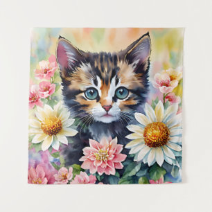 Kitten Daisy Flowers Watercolor Art Tapestry