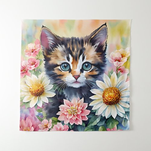 Kitten Daisy Flowers Watercolor Art Tapestry
