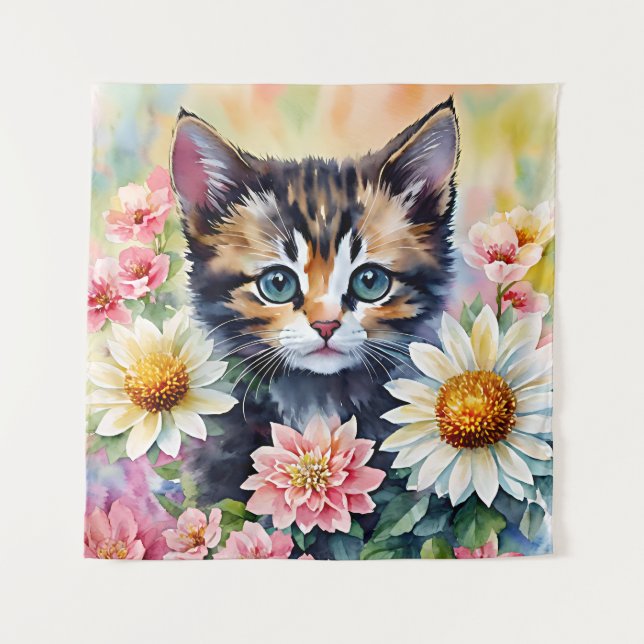 Kitten Daisy Flowers Watercolor Art Tapestry (Front)