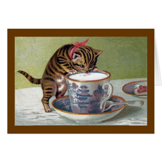 Kitten Drinking from Teacup Victorian Cards (Front Horizontal)