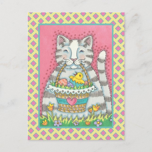 KITTEN & EASTER BASKET, CUTE CAT HOLIDAY POSTCARD (Front)