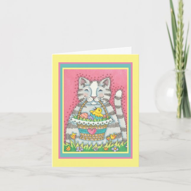 KITTEN & EASTER BASKET, WHIMSICAL AND CUTE Verse Holiday Card (Front)