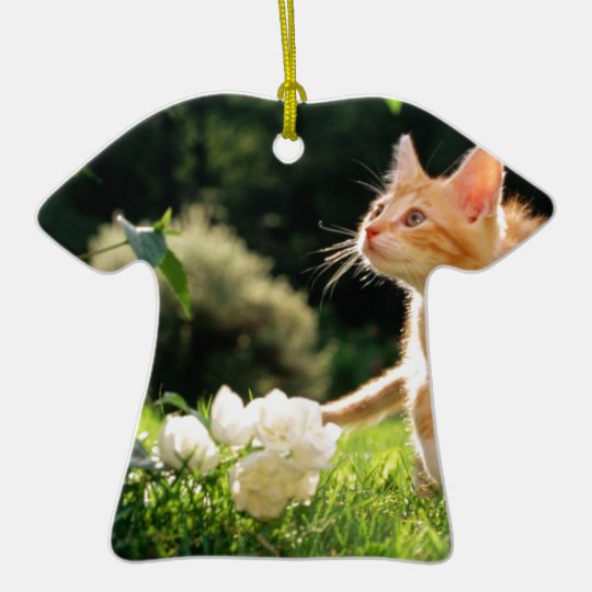 Kitten Exploring Outside by some Flowers Ceramic Ornament