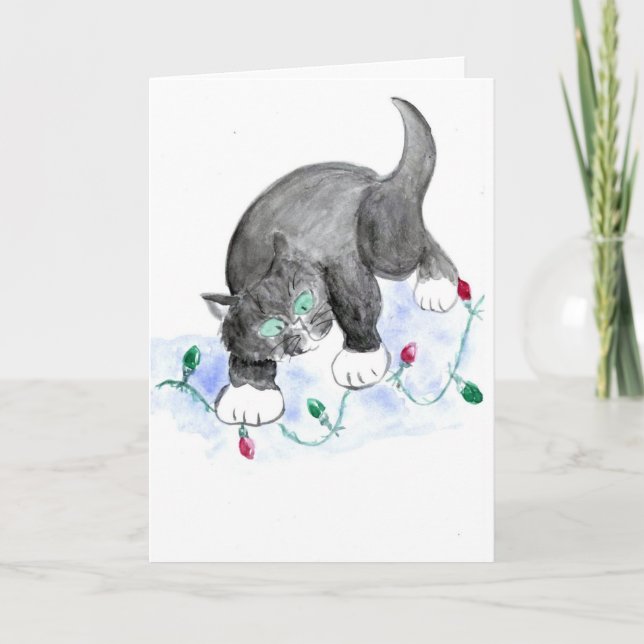 Kitten finds Blinking Red & Green Christmas Lights Holiday Card (Front)