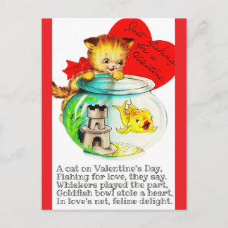 Kitten & Fish Bowl Vintage Valentine Postcard