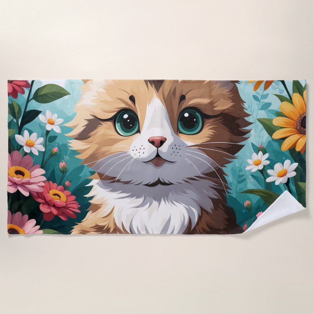 Kitten & Flowers Beach Towel (Front)