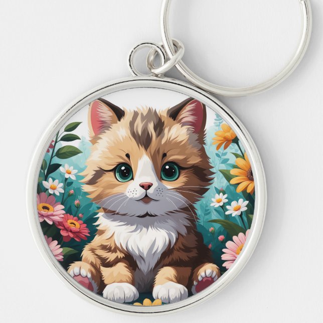 Kitten & Flowers Keychain (Front)