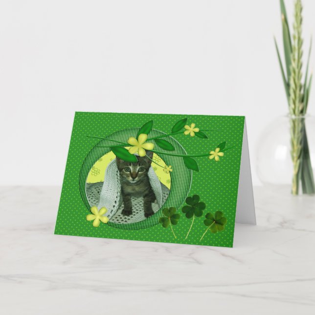 Kitten, Flowers, Shamrocks & Green Polka Dots Card (Front)