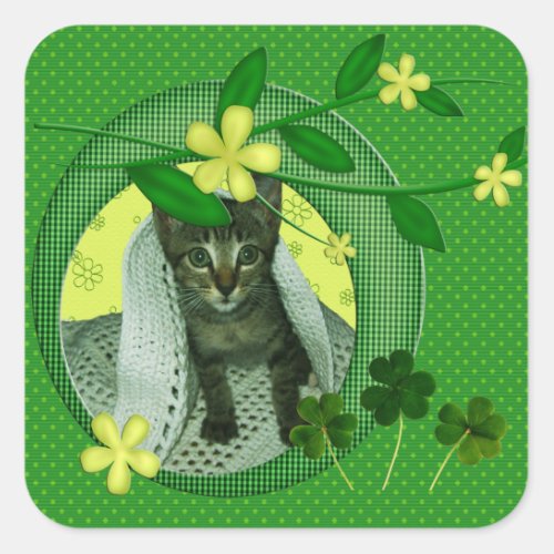 Kitten Flowers Shamrocks  Green Polka Dots Square Sticker