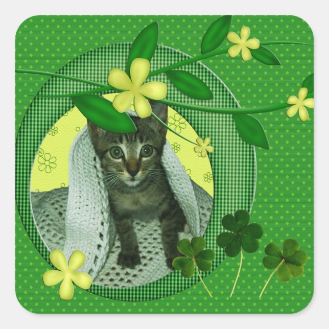 Kitten, Flowers, Shamrocks & Green Polka Dots Square Sticker (Front)
