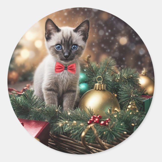 Kitten Gift Basket Cute Christmas Happy Holidays Classic Round Sticker (Front)