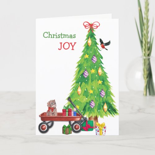 Kitten Gift in Wagon Bird and Holiday Tree