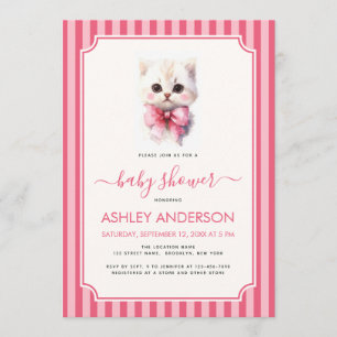 Kitten Girl Baby Shower Cute Pink Bow and Stripes Invitation