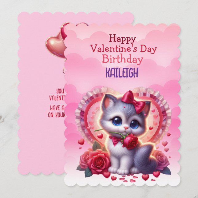 Kitten Heart Birthday Valentine's Day Holiday Card (Front/Back)