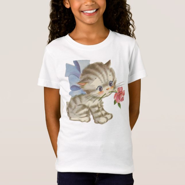 Kitten Holding A Rose Girls T-Shirt (Front)