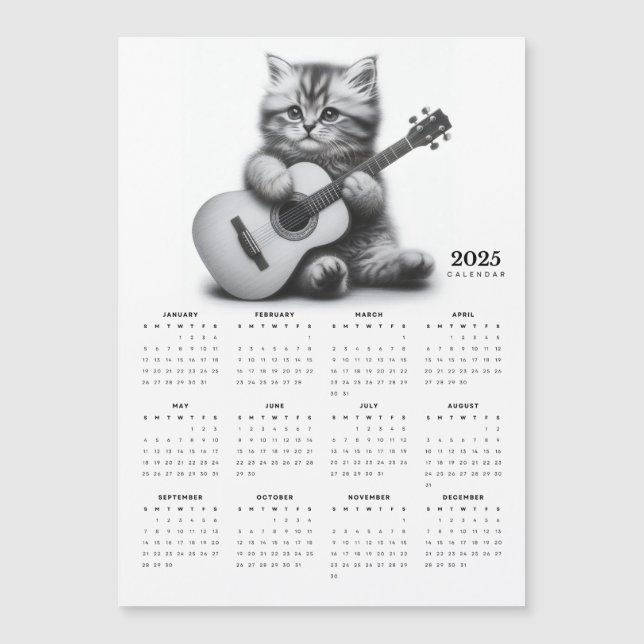 Kitten Holding Acoustic Guitar Magnetic Calendar (Front)