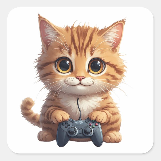 Kitten Holding Game Controller Gamer Cat Square Sticker (Front)