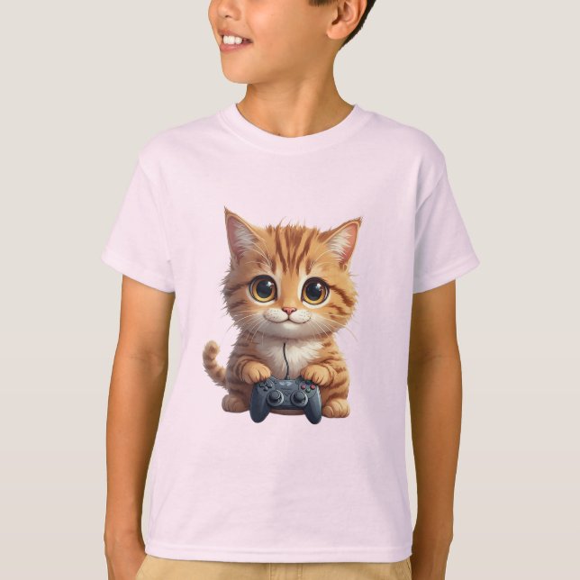 Kitten Holding Game Controller Gamer Cat T-Shirt (Front)