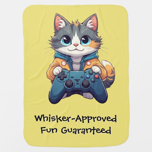 Kitten Holding Game Controller Smiling Gamer Cat Baby Blanket (Front)