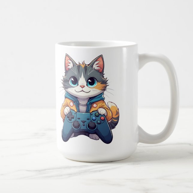 Kitten Holding Game Controller Smiling Gamer Cat Coffee Mug (Right)